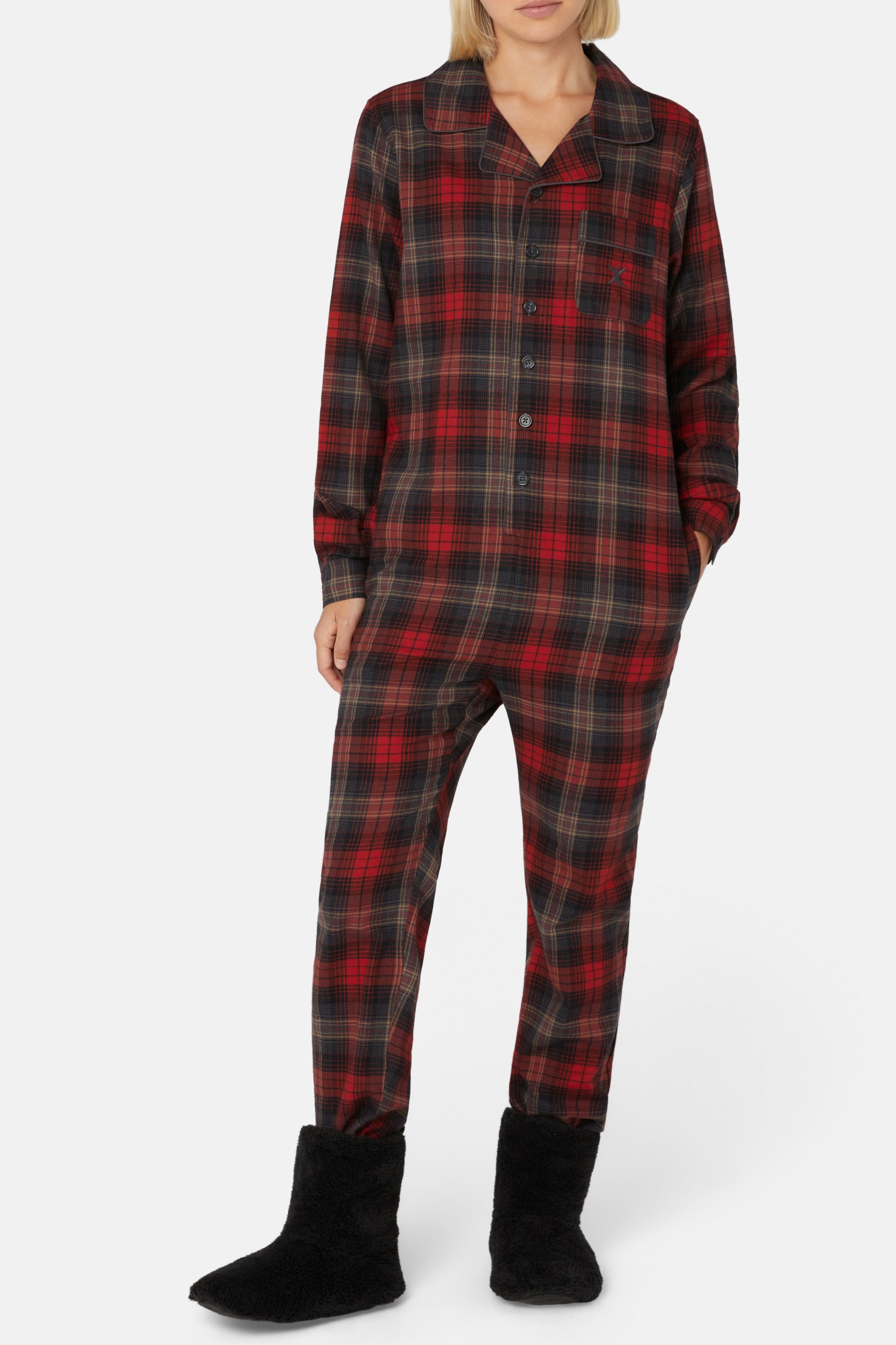 onepiece-checked-pyjamas-jumpsuit-baumwoll-overall-rot image 3