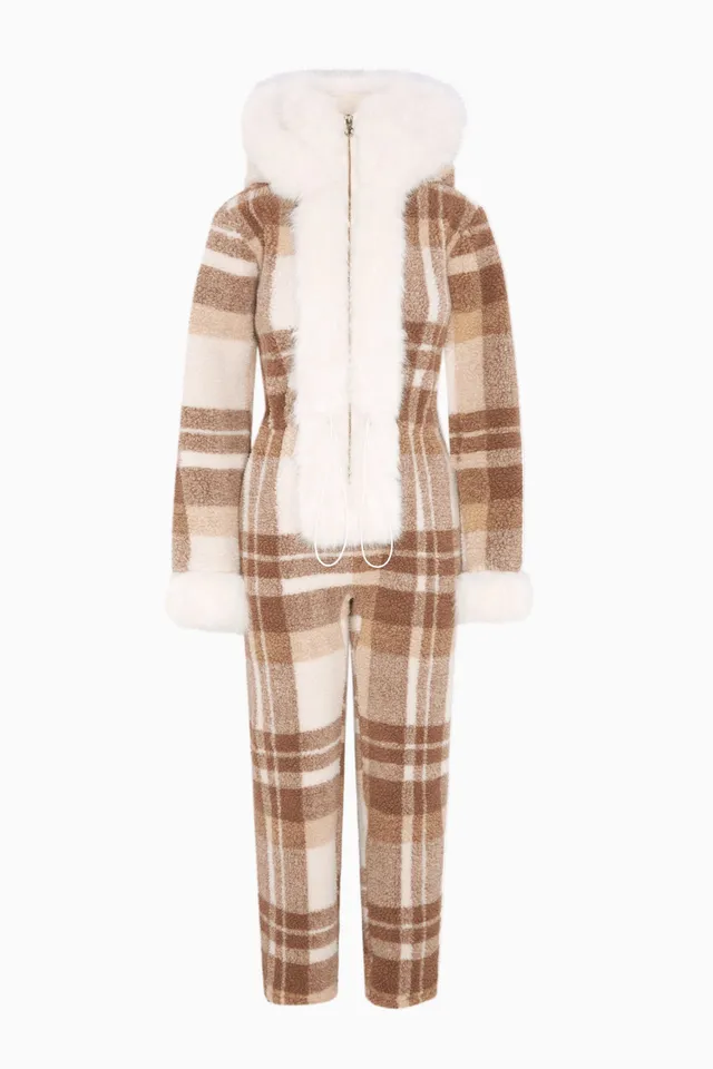 onepiece-check-female-jumpsuit-damen-braun-kariert-fleece image 1