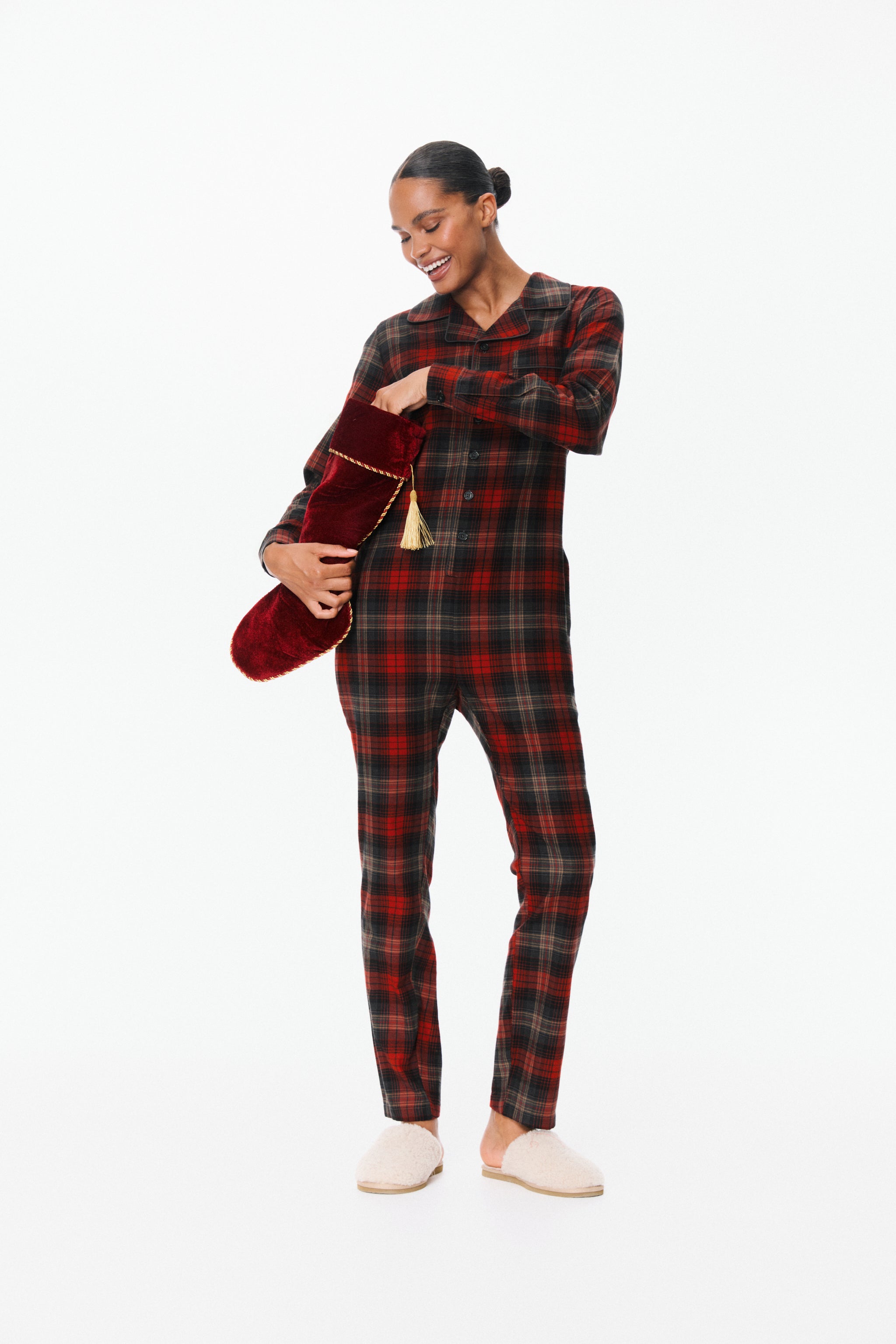 onepiece-checked-pyjamas-jumpsuit-baumwoll-overall-rot image 2