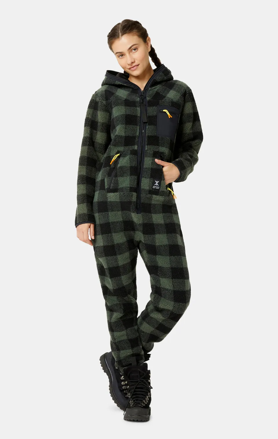 onepiece-checkered-fleece-jumpsuit-overall-damen-gr-n-kariert image 1