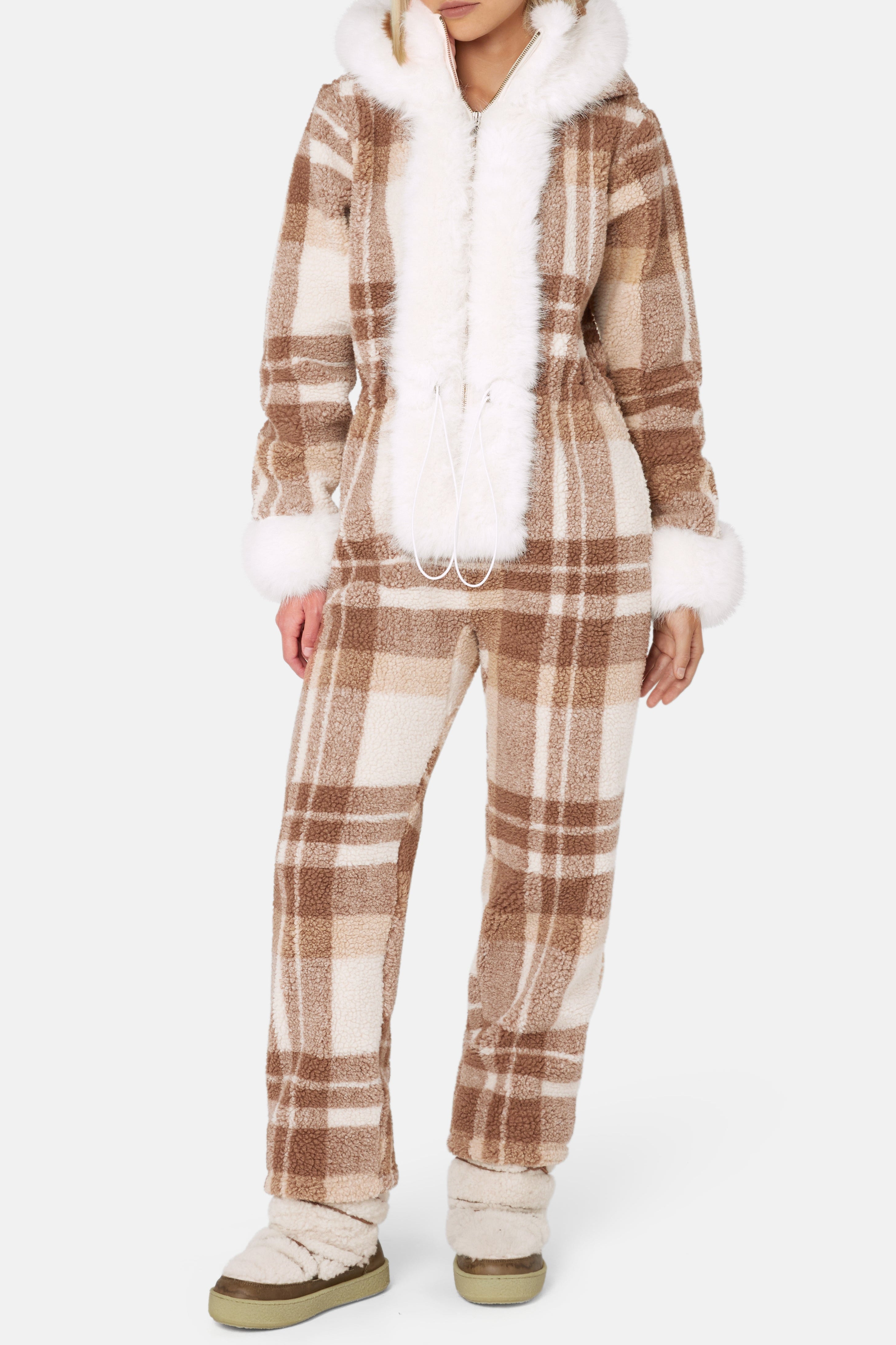 onepiece-check-female-jumpsuit-damen-braun-kariert-fleece image 3