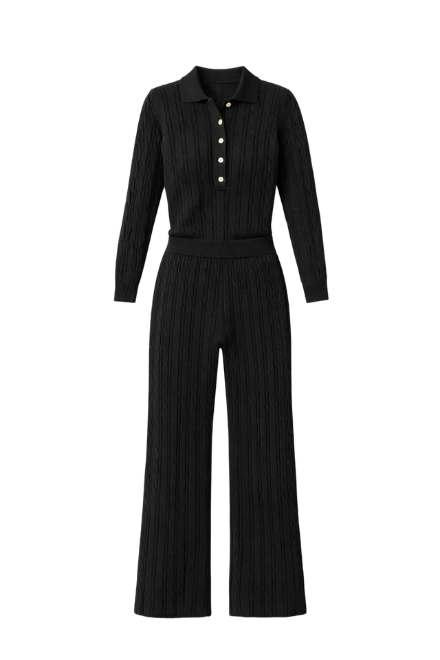 onepiece-summer-cable-flared-jumpsuit-overall-schwarz-strick image 1